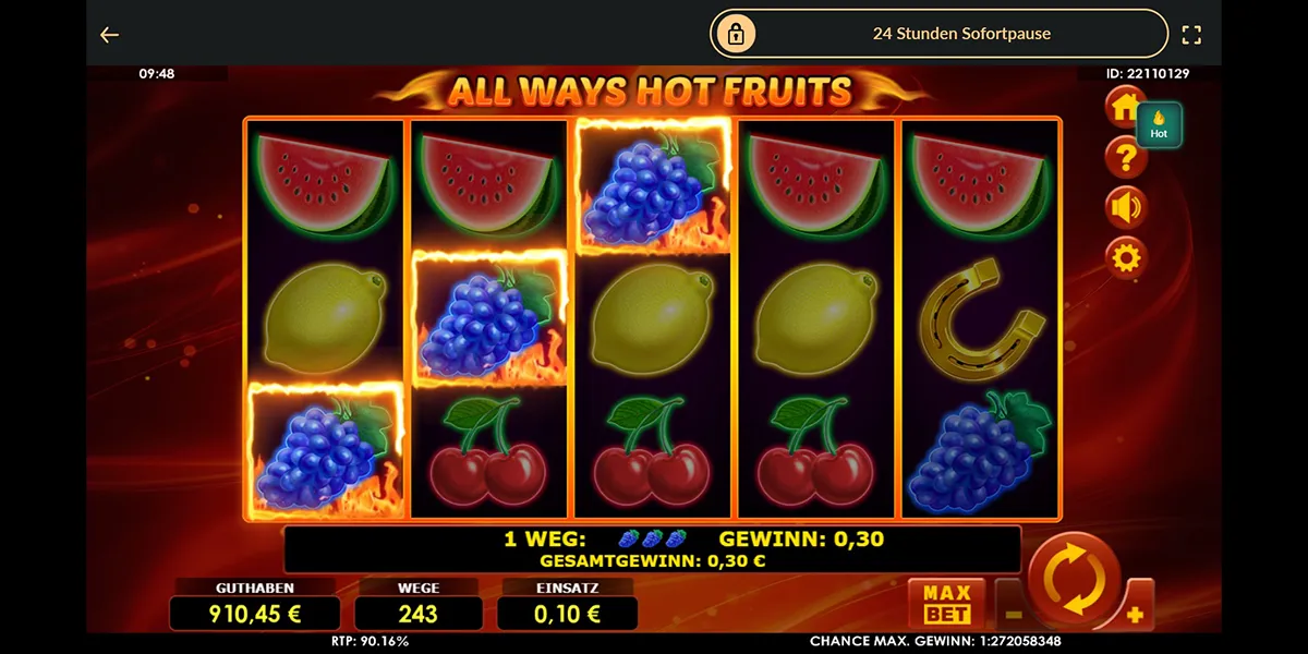 Screenshot des Online Slots Always Hot Fruits von Amatic
